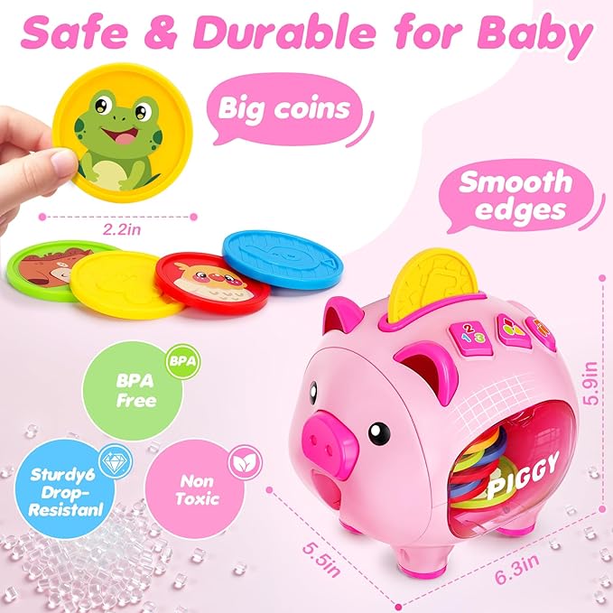Piggy Bank for Kids, Toddler Toys for 1 Year Old Girl, Musical Number Counting & Color Learning Coin Bank, Baby 6-9-12-18 Months Interactive Toys, Christmas Birthday Gifts for Kids Girls Boys Age 1-3