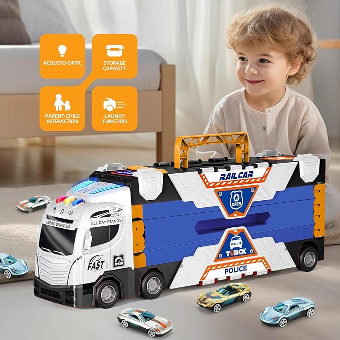 65-Inch Race Car Tracks and 20 Car Toys for Kids Boys Toddlers, Boy Toddler Toys Trucks for 3 4 5 6 7 8 Years Old Kids with Lights Sounds, Truck Toys Gift for 3 4 5 6 7 8 Years Old Boys Girls