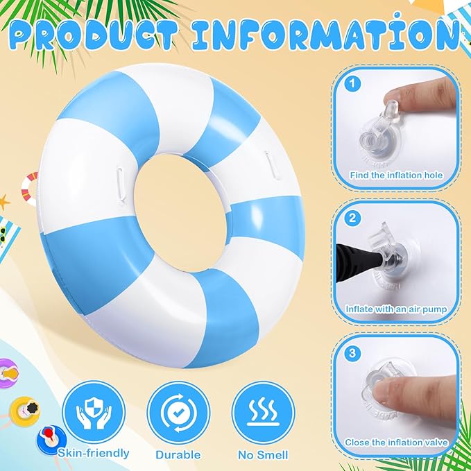 3 Pcs Large Swim Ring with Handles Set 47.24" 39.37" 35.43" Inflatable Pool Inner Tube Classic Striped Pool Ring Floats for Adults Teens Summer Lounger Beach Party Supplies