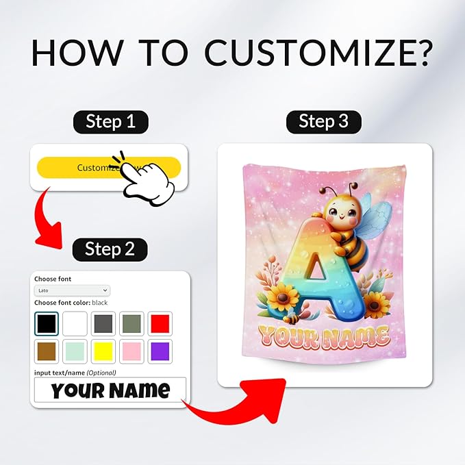 Personalized Blankets for Kids - Bee Blanket for Girls Boys - Custom Name Gifts for Daughter Son - Cute Monogram Fleece Throws - 4 Sizes for Toddler/Children/Teens/Adults