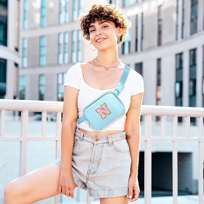 Belt Bag Crossbody Initial Fanny Pack Waist Pack for Teen Girl Gifts, Trendy Stuff for Her Friends 5 6 7 8 9 10 11 12 13 Year Old Birthday Gift, Anniversary Easter Gifts Preppy (Blue,N)