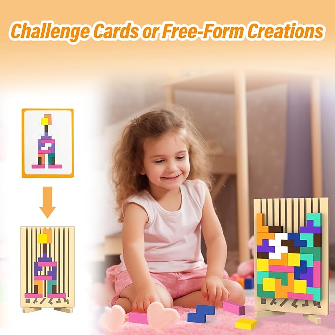 Wooden Block Puzzle Montessori Toy，Colorful Stacking Game Educational Puzzle for Toddlers and Kids, Brain Teaser Wooden Toy Gift for 3 4 5 Year Old Boys and Girls