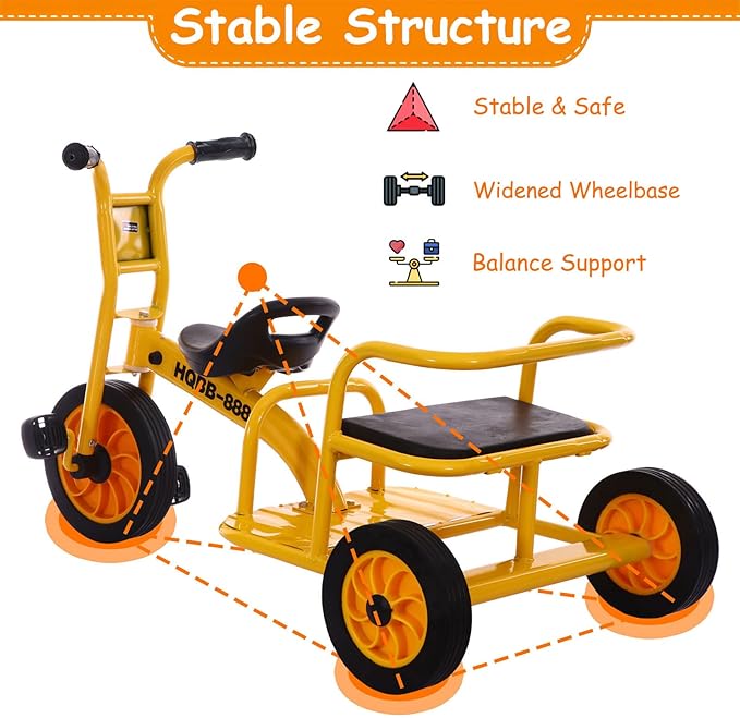 Kids Tricycle for Ages 2-8, Kids Trike Bike with Adjustable Seat, Airless Rubber Tires and Rear Padded Seat, Preschool Daycare Tandem Tricycle, Gift for Boys and Girls