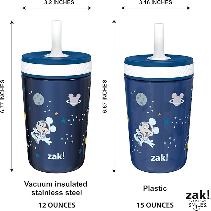 Zak Designs Disney Mickey Mouse Kelso Tumbler Set, Leak-Proof Screw-On Lid with Straw, Bundle for Kids Includes Plastic and Stainless Steel Cups with Bonus Sipper (3pc Set, Non-BPA)