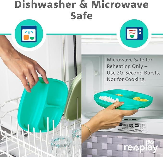 Re-Play Toddler Plates with Dividers & Silicone Lid - Deep-Walled 3 Compartments Divided Plates for Kids - Dishwasher/Microwave Safe - Made in USA - Set of 4-7.37" x 7.37" x 1.25" - Aqua Asst