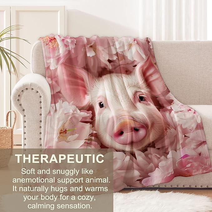 Pig Blanket for Adults Kids Girls, Flannel Pig Blankets Gifts, Pig Pink Flower Throw Blanket for Sofa Couch Bed Living Room Soft Warm Cozy Pig Decor 60" x 50"