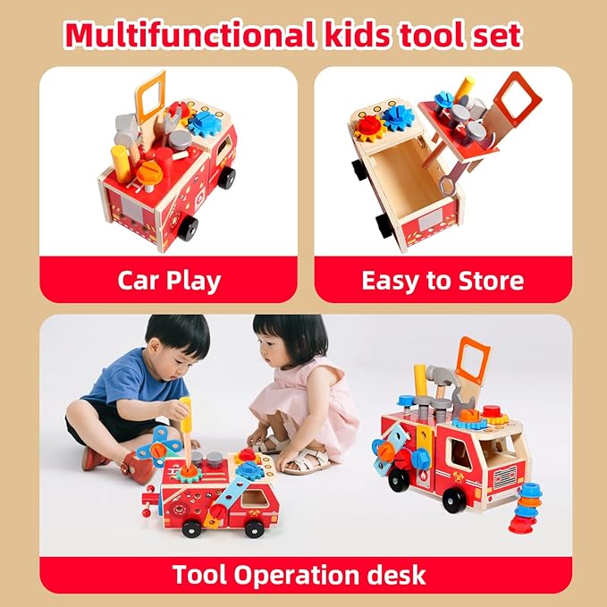 Toddler Tool Set - 33 PCS Wooden Kids Tools with Firetruck-Shaped Box / Bench, Montessori Educational Pretend Play Preschool Toys Gifts for 3 Year Old boy Girl Kids, STEM fine Motor Skills Tool Set