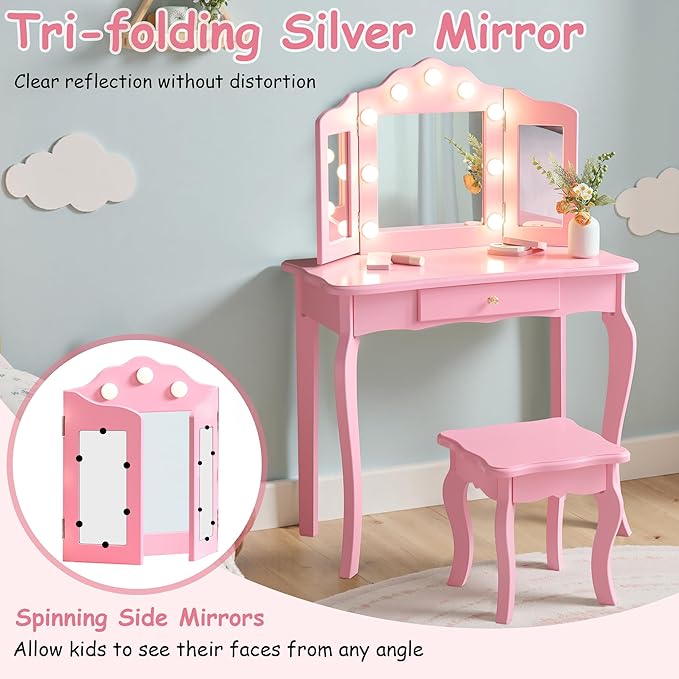 Kids Vanity with Lights, Princess Makeup Vanity Desk with Mirror and Stool, 2 in 1 Wooden Toddler Vanity Table & Chair Set for Little Girls