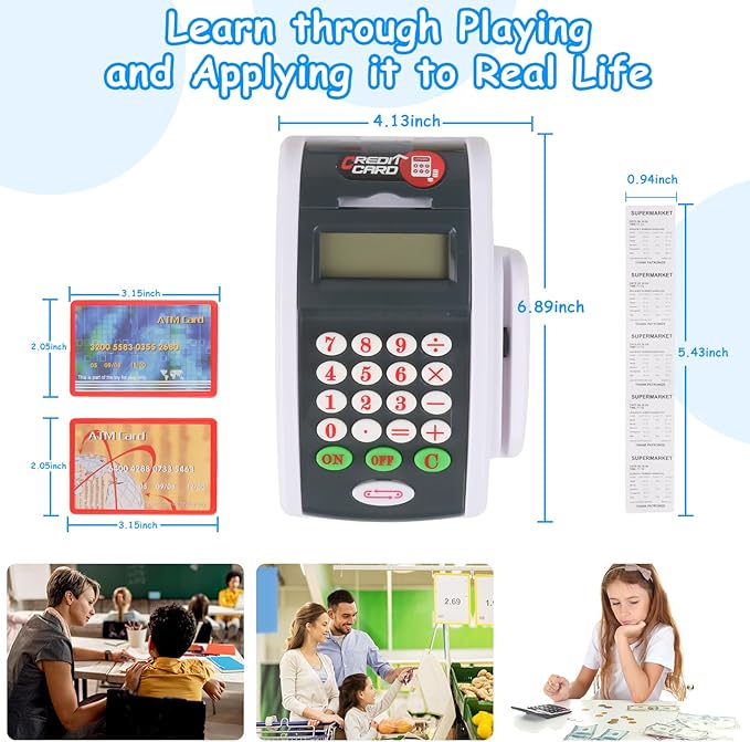 Payment Terminal Toys, Point of Sale Terminal with Light and Sound, Cash Register Toy with Credit Cards and Recipts, Pretend Play Toy for Children Age 3 and Up