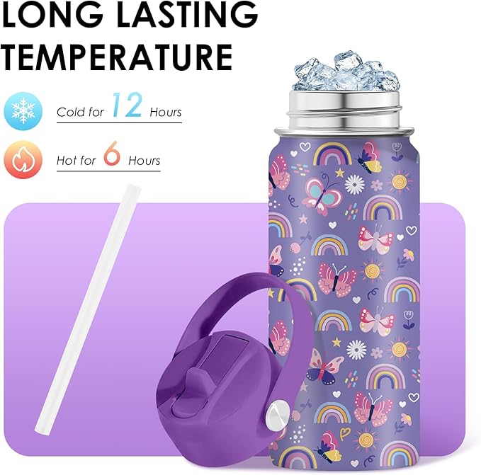 Butterfly Gifts - 16oz Purple Kids Water Bottle with Straw Lid, Stainless Steel Insulated Tumbler, Leakproof, BPA-Free, for Girls, School, Travel - Butterfly Rainbow Themed Birthday Gift Cup (1pc)