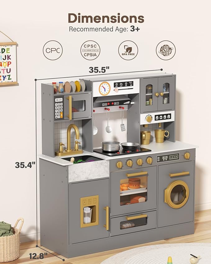 BIERUM Wooden Play Kitchen for Kids Ages 3-8 with Lights & Sounds, Pretend Play Kitchen Set with Stove, Ice Maker, Coffee Maker, Oven & Accessories, Toddler Kitchen Playset for Boys and Girls (Gray)