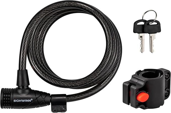 Schwinn Bike Cable Lock with Keys, 6 ft x 10 mm, Black, Braided Steel, Durable Vinyl Cover, Carrying Bracket for Storage and Transport, Anti Theft Protection, Bike Lock Cable for Security