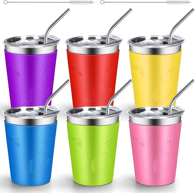 ShineMe Stainless Steel Cups for Kids, 12oz Kids Cups with Stainless Steel Straws and Leak Proof Lids, Unbreakable Metal Tumbler with Colorful Sleeves for Heat/Cold Insulation 6 Pack