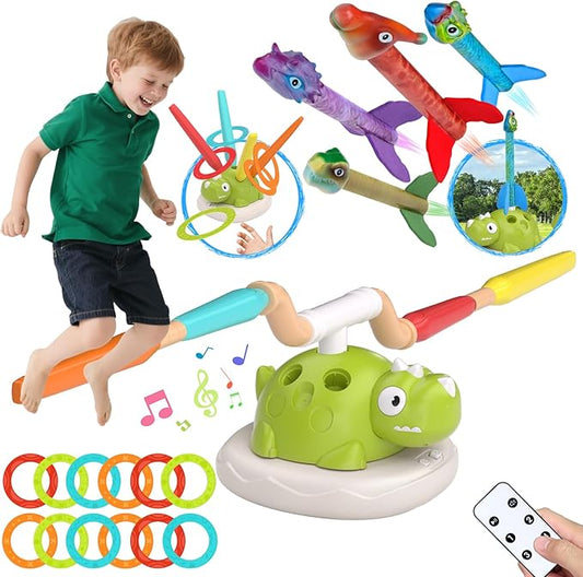Indoor Outdoor Games for Kids, 3 in 1 Musical Jump, Ring Toss Game & Stomping Rocket Launcher for Kids, Dinosaur Sports & Outside Play Activities Toys with Remote Control for Toddlers 3-5 4-8