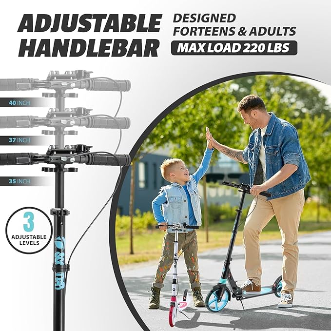 Scooter for Kids Ages 8+ Teens & Adults, Lightweight Kick Scooter with Carry Strap Adjustable Height Equipped with Front handbrake and Rear Brake, Big Sturdy PU Flash Wheels