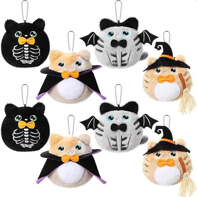 Soulchen 8 Pcs Halloween Stuffed Animal 4 Inch Plush Cat Toys Bulk Mini Halloween Plushies with Keychain Small Kawaii Plush Kitten Characters Trick or Treat Goodie Bag Fillers Party Favors