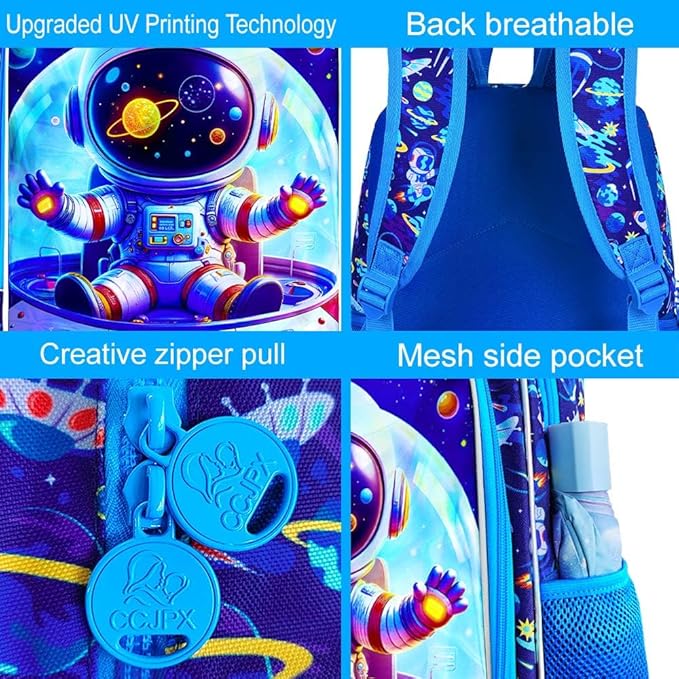 3Pcs Space Backpack for Boy, 16" Astronaut Bookbag for Elementary Preschool Kindergarten, Kids School Backpacks with Lunch Box (Blue)