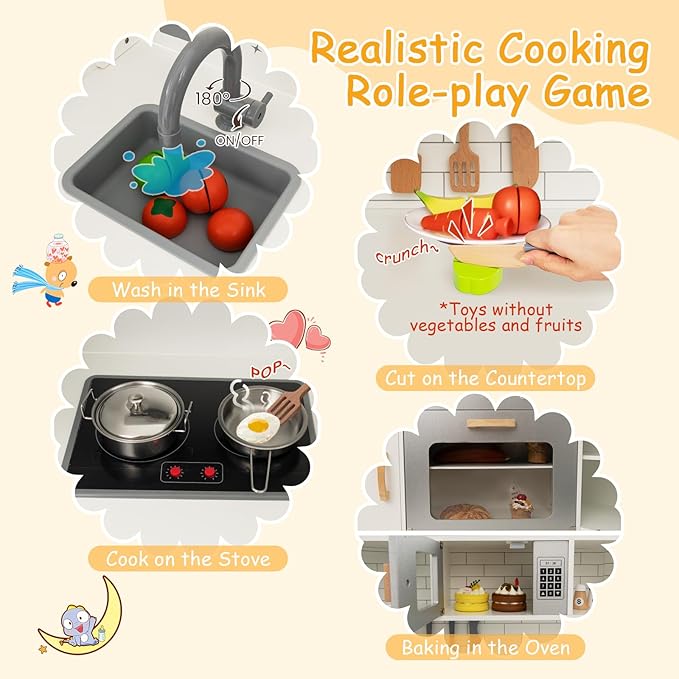 GLACER Corner Kids Kitchen Playset, Wooden Play Kitchen with Washing Machine, Ice Maker, Microwave, Oven, Sink & Facet, Pretend Toy Kitchen Set with Sounds & Lights for Toddler