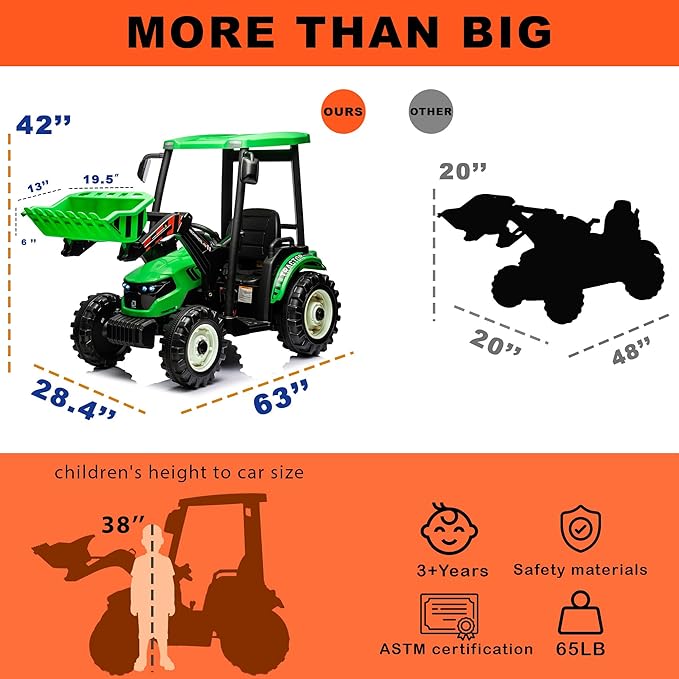 Kidsera 24V Ride on Tractor with Front Loader, Ride On Excavator with 24volt Dual Motors 4-Gearbox Metal Frame Kids Electric Vehicles 24V Power Wheels 24v Ride on Toys for Big Kids (Green)