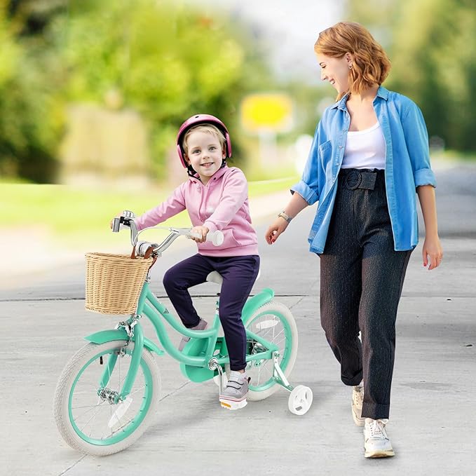 COSTWAY Kids Bike, 14 16 18 Inch Toddler Bike with Training Wheels, Basket, Adjustable Seat & Handlebar, Hand & Coaster Brakes, Bell, for Girl Boy Aged 3-8 Years Old