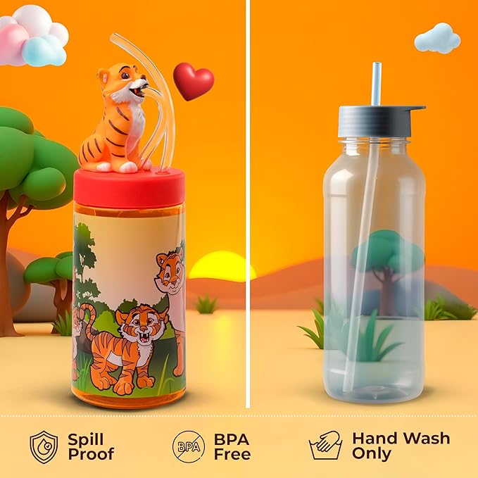 Kids Water Bottle, Toddler Cups, Tumbler with Lid and Straw, Travel Sippy Cup for Water or Milk, Kids Cups with Lids for Toddlers 3 and Up, BPA Free Plastic, 12 oz (Zoo Bengal Tiger)