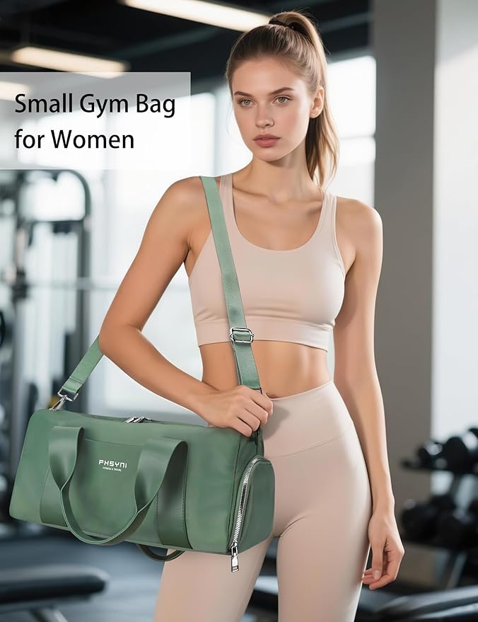 Compact Sports Gym Bag for Women, Cute Mini Duffle Bag with Wet Pocket & Shoes Compartment, Personal Item Travel Workout Bag, 16"-Small, Green
