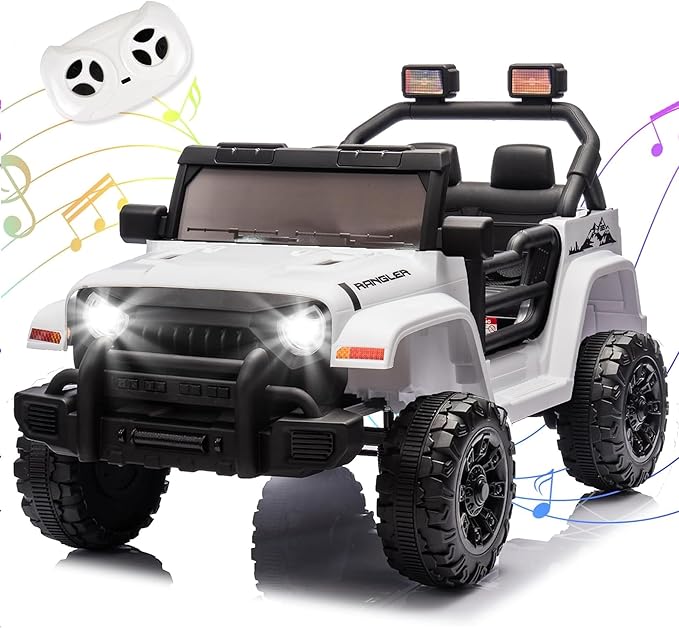 Ride on Truck Car, 12V Kids' Electric Vehicles W/Parents Control, Ride on Toys for Toddlers with Music, Bluetooth, Four-Wheels Suspension, USB, Headlights, White