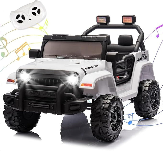 Ride on Truck Car, 12V Kids' Electric Vehicles W/Parents Control, Ride on Toys for Toddlers with Music, Bluetooth, Four-Wheels Suspension, USB, Headlights, White