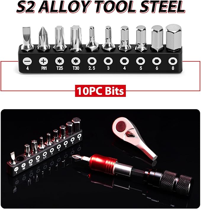 Bike Repair Tool Kit with 10 Magnetic Bits - Alloy Multitool for Bicycle, MTB, Road Cycling - Portable Multifunction Tool Set in One Safety Kit