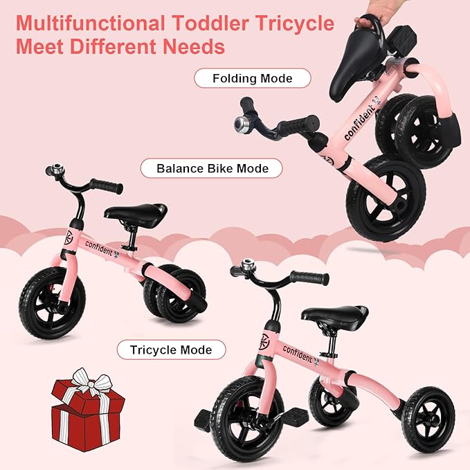 XPIY Tricycle for Toddlers Age 2 to 4 Years Old, 3 in 1 Folding Toddler Bike for Boys and Girls, Kids' Bike Trike with Detachable Pedal and Adjustable Seat Light Pink