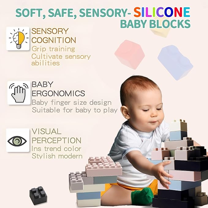 Silicone Blocks for Toddlers 1-3, Montessori Educational Toy Soft Baby Blocks, Large Sensory Stacking Toys for Preschool Learning Creative Play, 24PCS