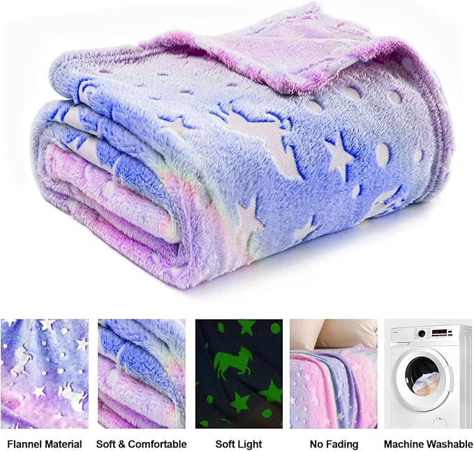 TEHALK Personalized Unicorn Blanket for Girls, Glow in The Dark, Fleece 60"x80"