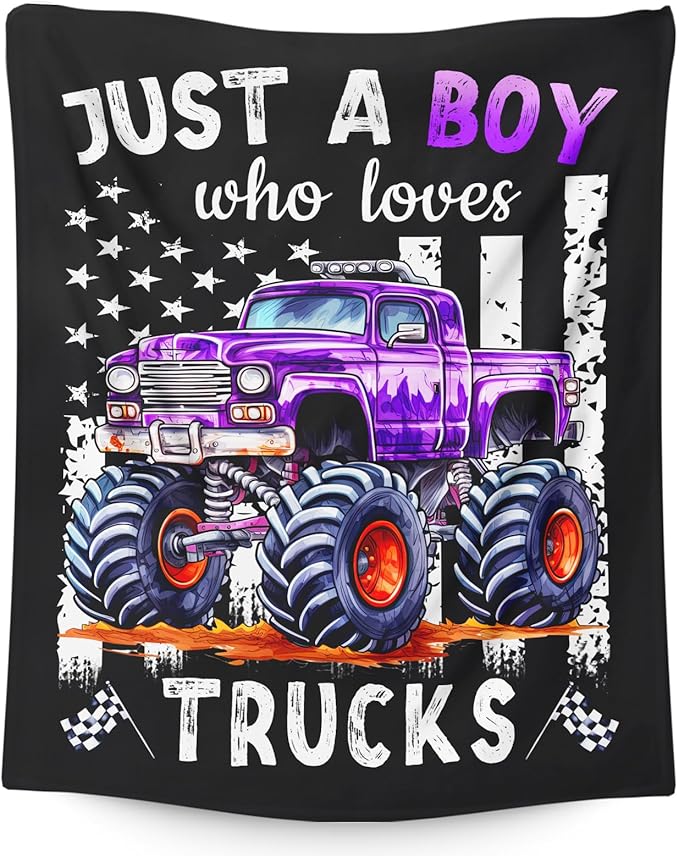 Boys Blanket for Kids Adults Truck Lovers - 60x80 Inches Cute Truck Throw Blanket Gifts - Black Soft Fuzzy Car Blankets for Couch Bed Travel