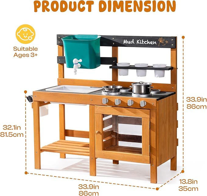 ROBOTIME Mud Kitchen for Kids Outdoor - Wooden Outdoor Play Kitchen Set with Real Water Play, Cooking Pots & Gardening Tools - Sensory Toy Kitchen for Pretend Play Ages 3+