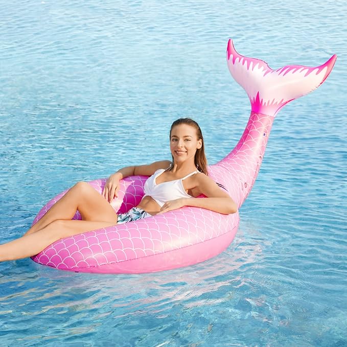 Jasonwell Giant Inflatable Mermaid Tail Pool Float with Fast Valves Pool Floaties Tube Summer Beach Swimming Pool Party Lounge Raft Water Floaty Decorations Toys for Adults Kids Pink L