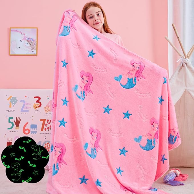 QSTEHEML Mermaid Gifts Toys for Girls Kids,Glow in The Dark Blanket Birthday Christmas Soft Luminous Throw Blanket for Age 3-12 Years Old Toddler Teens Child Daughter 50"x60"