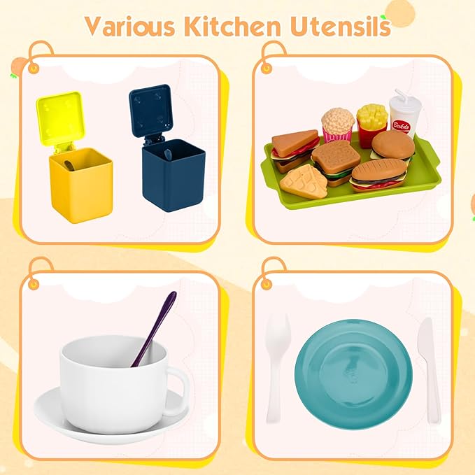 118Pcs Mini Play Kitchen Accessories for Kids, Pretend Cooking Playset with Cookware, Tableware & 2 Fruit Sets, Learning Gift for Girls, Boys, Toddlers, Green