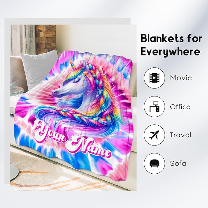 Girls Blanket, Personalized Unicorn Blanket Gifts for Girls, Tie Dye Rainbow Throw, Custom Flannel Kids Throws for Unicorn Lovers (4 Sizes)