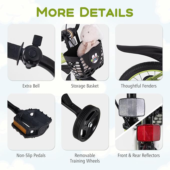 BABY JOY Rabbit Pilot Sporty Kids Bike, 12 14 16 18 Inch Child Bike for 3-8 Years Old with Adjustable Height, Training Wheels, Storage Basket, Handbrake & Coaster Brake, Kids Bicycle for Girls Boys