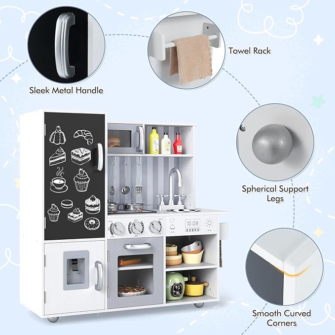 HONEY JOY Kids Kitchen Playset, Wooden Little Chef Pretend Play Kitchen Set w/Chalkboard & Water Dispenser, Lighted Stove, Storage Cabinet, Utensils, Play Kitchen for Toddlers, White + Silver