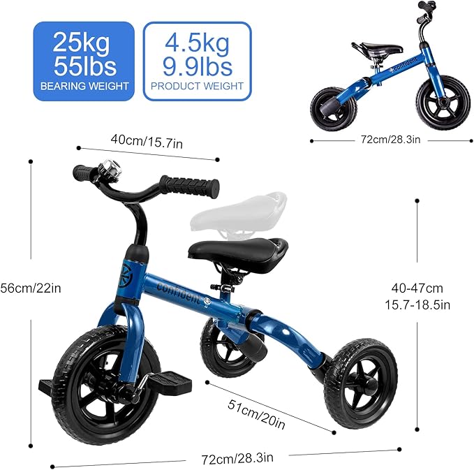 YGJT 3 in 1 Tricycle for Toddlers Age 2-5 Years Old, Folding Kids Balance Bikes with Adjustable Seat and Removable Pedal, Ride-on Toys for Infant, Gift for Baby Boys Girls Birthday(Blue)