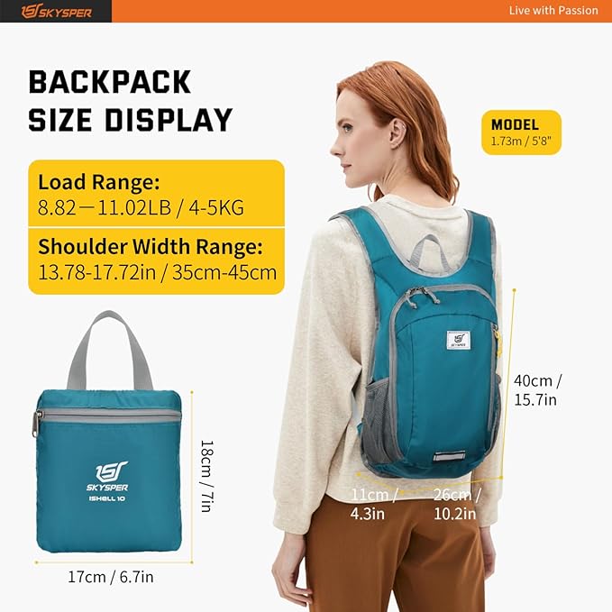 SKYSPER Small Daypack 10L Hiking Backpack Packable Lightweight Travel Day Pack for Women Men