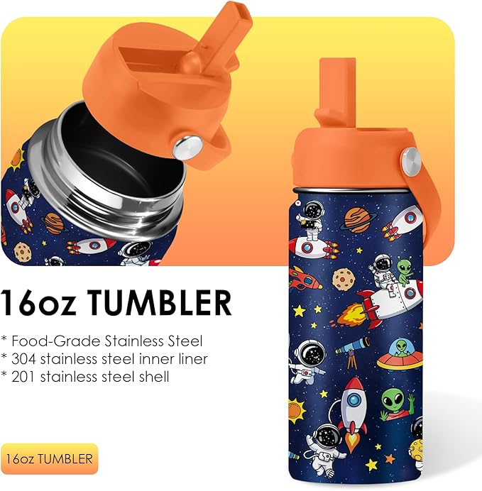 Space Astronomy Gifts for Kids - 16 Oz Kids Water Bottle with Straw Lid, Stainless Steel Insulated Tumbler, Leak Proof, BPA-Free, for Boys, School, Travel - Universe Children Birthday Gifts Cups(1pc)
