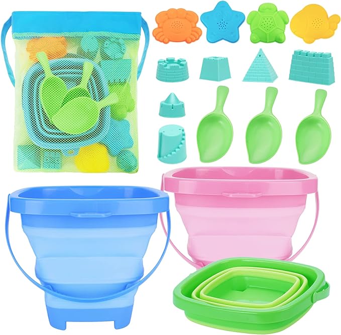 Collapsible Foldable Beach Buckets and Shovels Set - Kids Beach Toys with Mesh Bag & Sand Molds, Silicone Pails for Travel