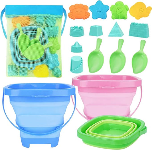 Collapsible Foldable Beach Buckets and Shovels Set - Kids Beach Toys with Mesh Bag & Sand Molds, Silicone Pails for Travel