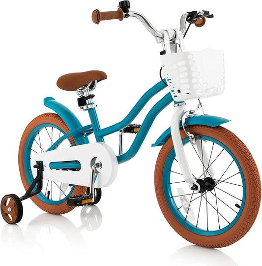 COSTWAY Kids Bike, 12 14 16 18 Inch Toddler Bike Children Bicycle w/Training Wheels, Hand & Coaster Brakes, Adjustable Saddle & Handlebar, Basket, Bell, Kids Bicycle for Girls Boys Aged 3-8 Years Old