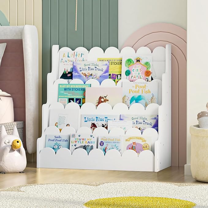 NACHES Kids Bookshelf Wooden 4 Tier Scalloped Bookshelf Toddler Montessori Bookcase Children Front Facing Display Book Shelves for Nursery Kids Room Reading Room Bedroom Classroom