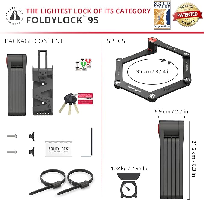 Seatylock Foldylock 95 Folding Bike Lock - Patented High Security Sold Secure Silver Bicycle Lock - Heavy Duty Anti Theft Secure Guard with Keys & Case Mount - 37.4"