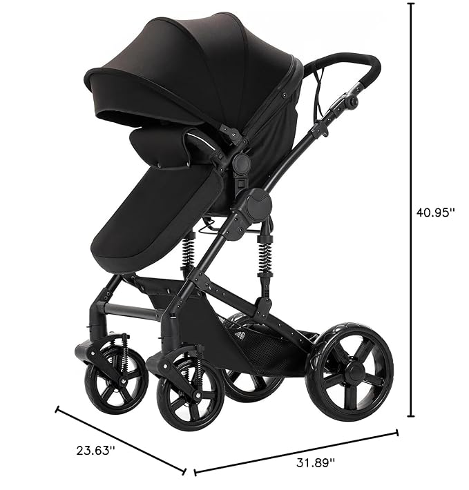 2 in 1 Baby Stroller with Bassinet Mode, Reversible Infant Pram, One-Click Folding, Newborn Travel Stroller, Convertible Toddler Standard Pram Carriage (2US588-BLACK)