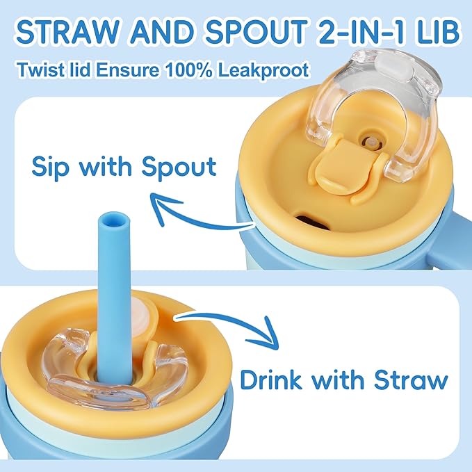 14oz Toddler Sippy Cup Vacuum Insulated Stainless Steel Kids Cup with Handle, Spill-Proof Straw, Leak-Proof Travel Cup for Home or On-the-Go